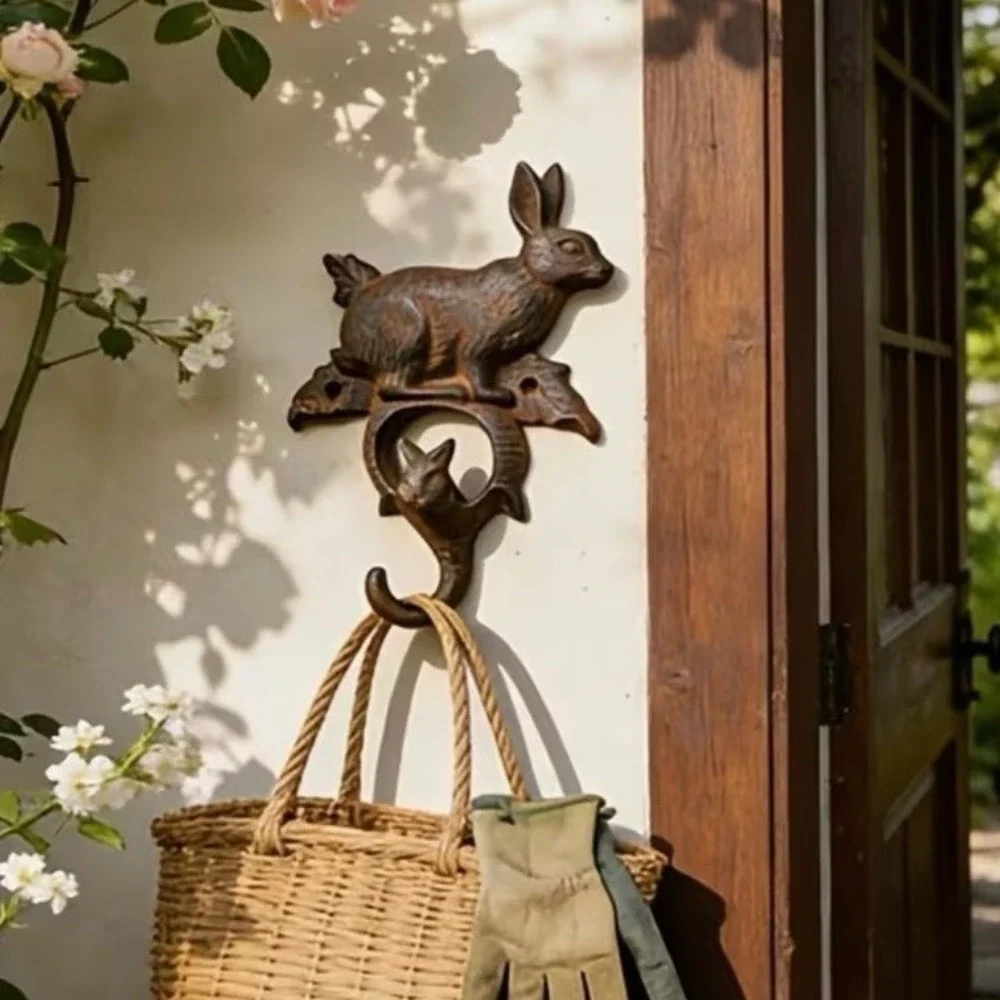 Rustic Cast Iron Rabbit Wall Hook Bunny Coat Towel Key Holder Farmhouse Cottage